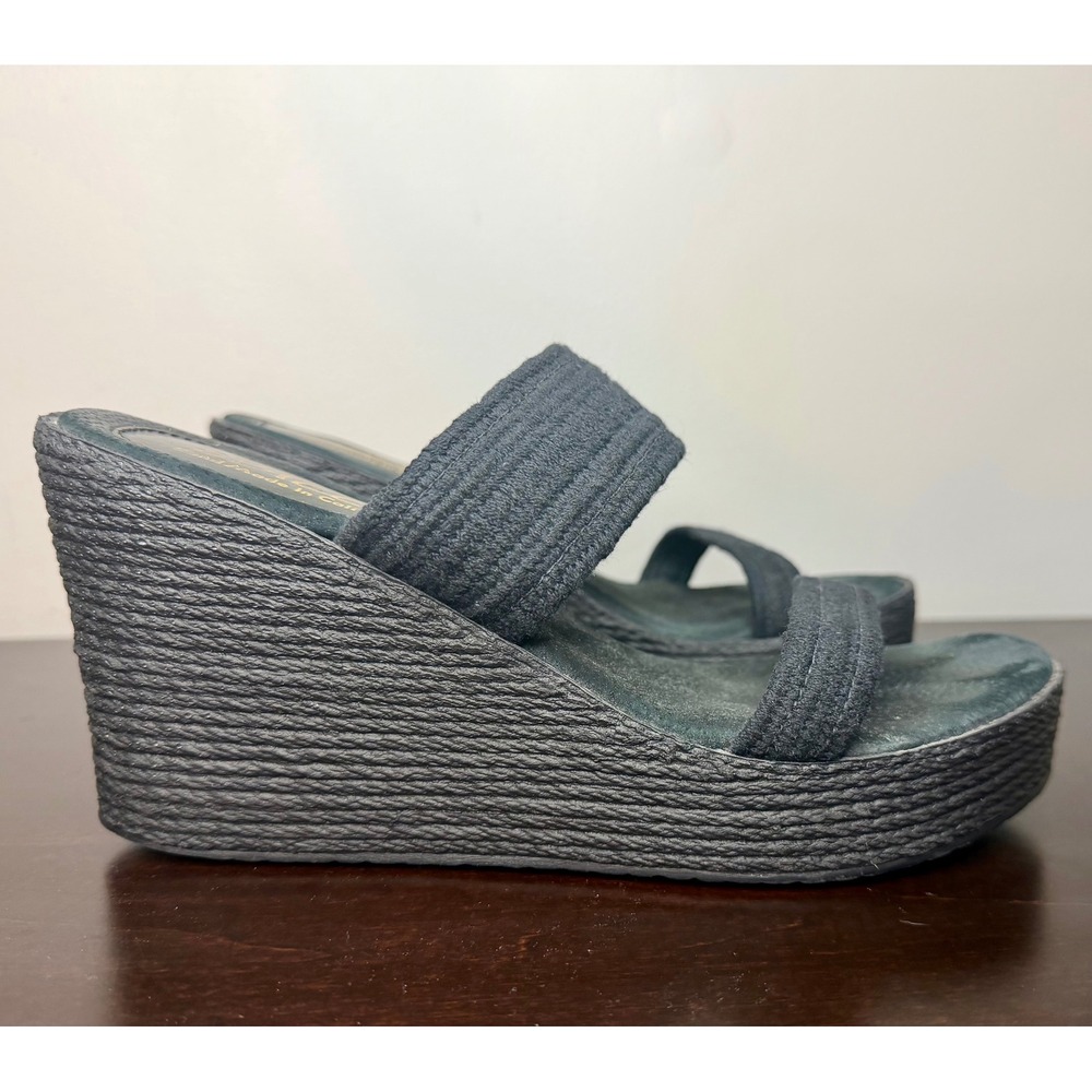 Sbicca Black Wedge Sandals Hand Made In California Platform Slide 9M Boho